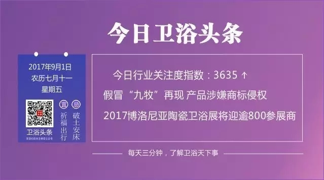 【2017年9月1日】三分钟头条，了解卫浴天下事